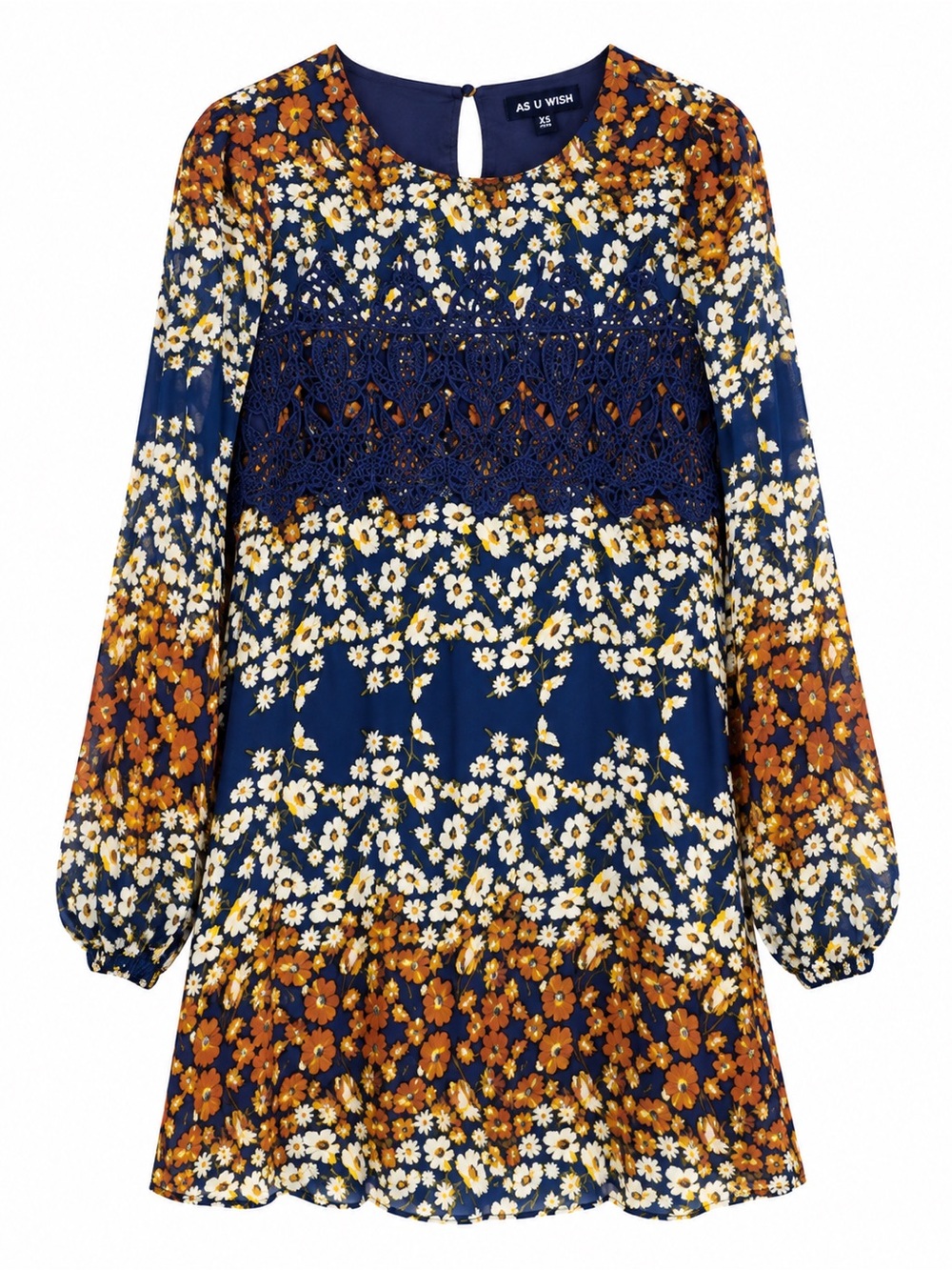 As U Wish Dress XS NWT Floral Lace Long Sleeve Boho Mini Dress